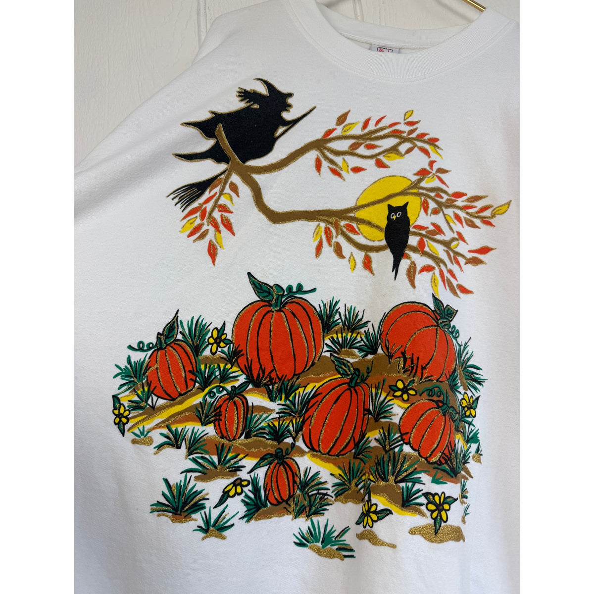 Vintage 90s Halloween Sweatshirt Witch Owl Pumpkin Graphic White USA 3X