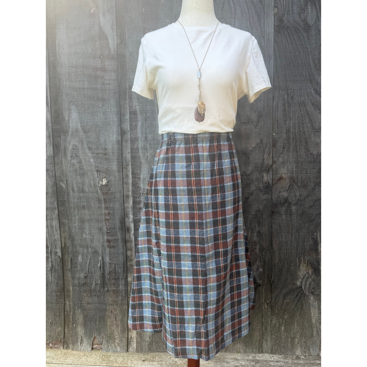 Vintage 90s Plaid Wool Blend Midi High Waist A Line Skirt Size 12