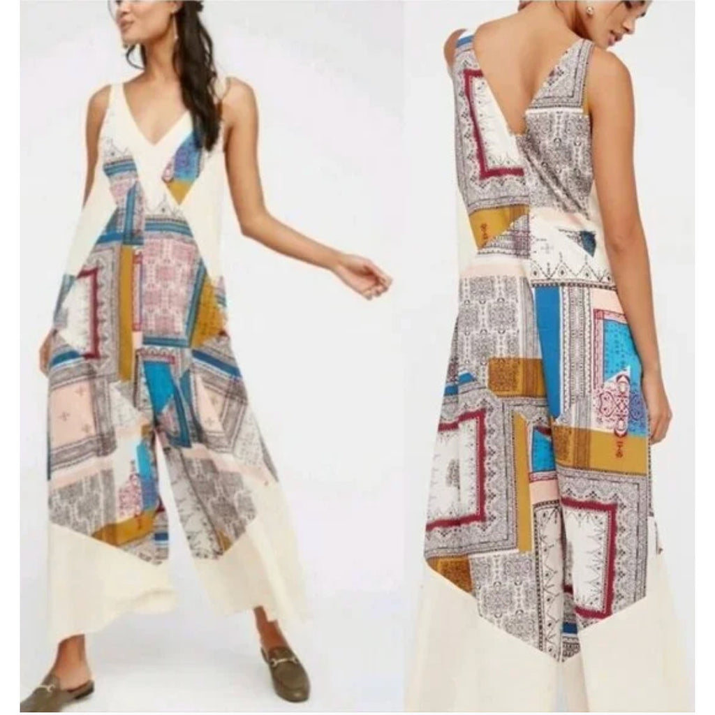 Free People All Patched Up Jumpsuit, XS Oversized Boho Vintage