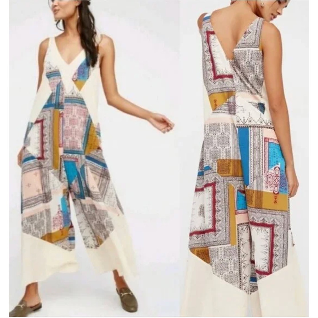 Free People All Patched Up Jumpsuit, XS Oversized Boho Vintage