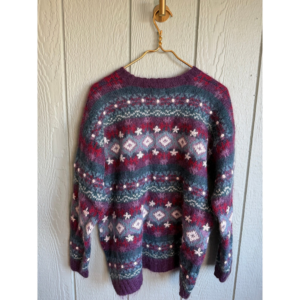 Vintage 90s Christopher & Banks Mohair Blend Sweater Nordic Fair Isle Pattern Knit Hand Embroidered