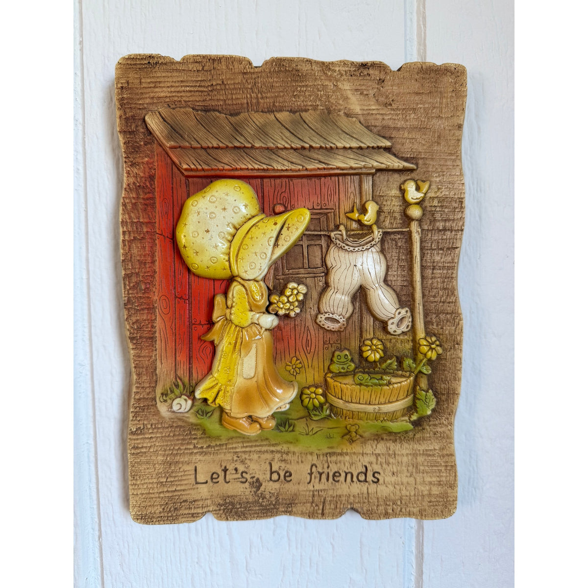 Vintage 1970s Girl Bonnet "Let's Be Friends" Wall Plaque Cottagecore Decor