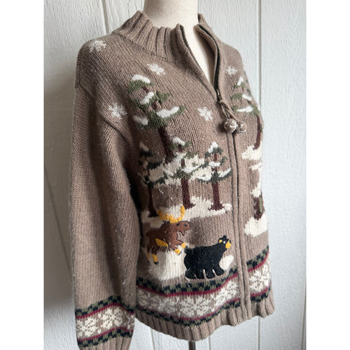 Vintage 90s Cabin Sweater Medium Bear Snow Scene Full Zip Angora Blend