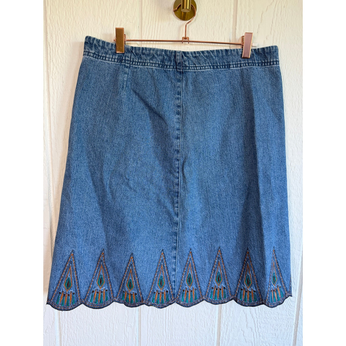 Vintage Embroidered Denim Midi Skirt Scalloped Hem Boho Cottagecore 12