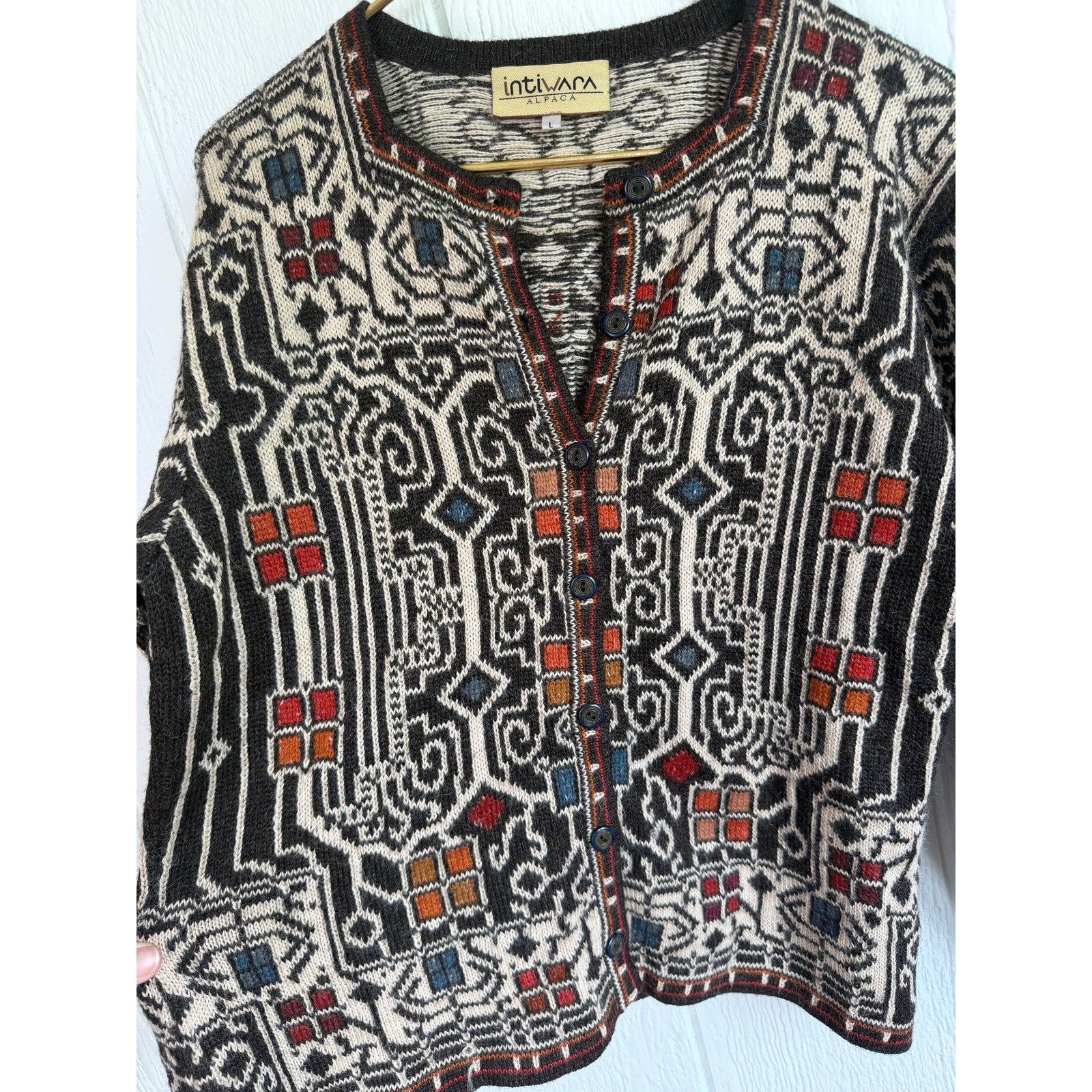 Vintage Intiwara Alpaca Wool Handmade Cardigan Sweater Print Large