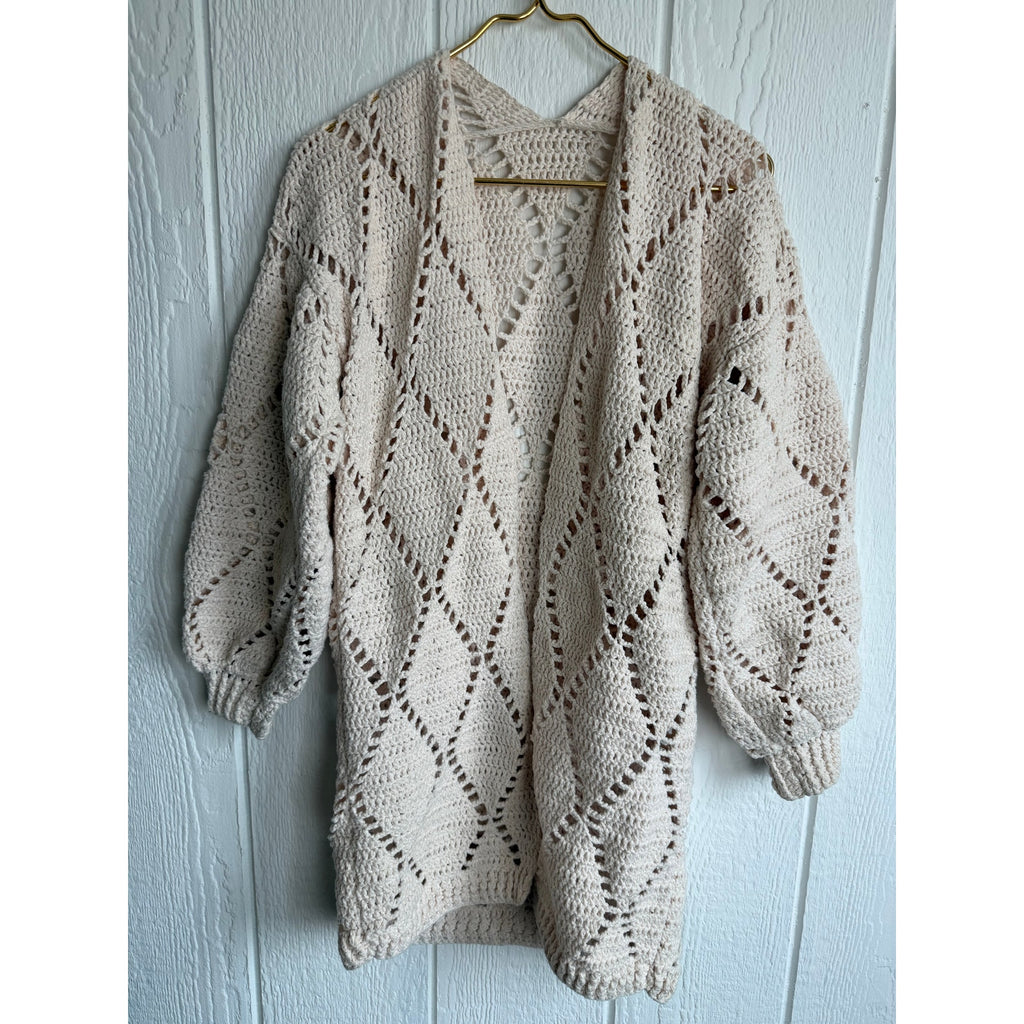 Vintage Hand Crochet Boho Cardigan Cream Open Knit Balloon Sleeve