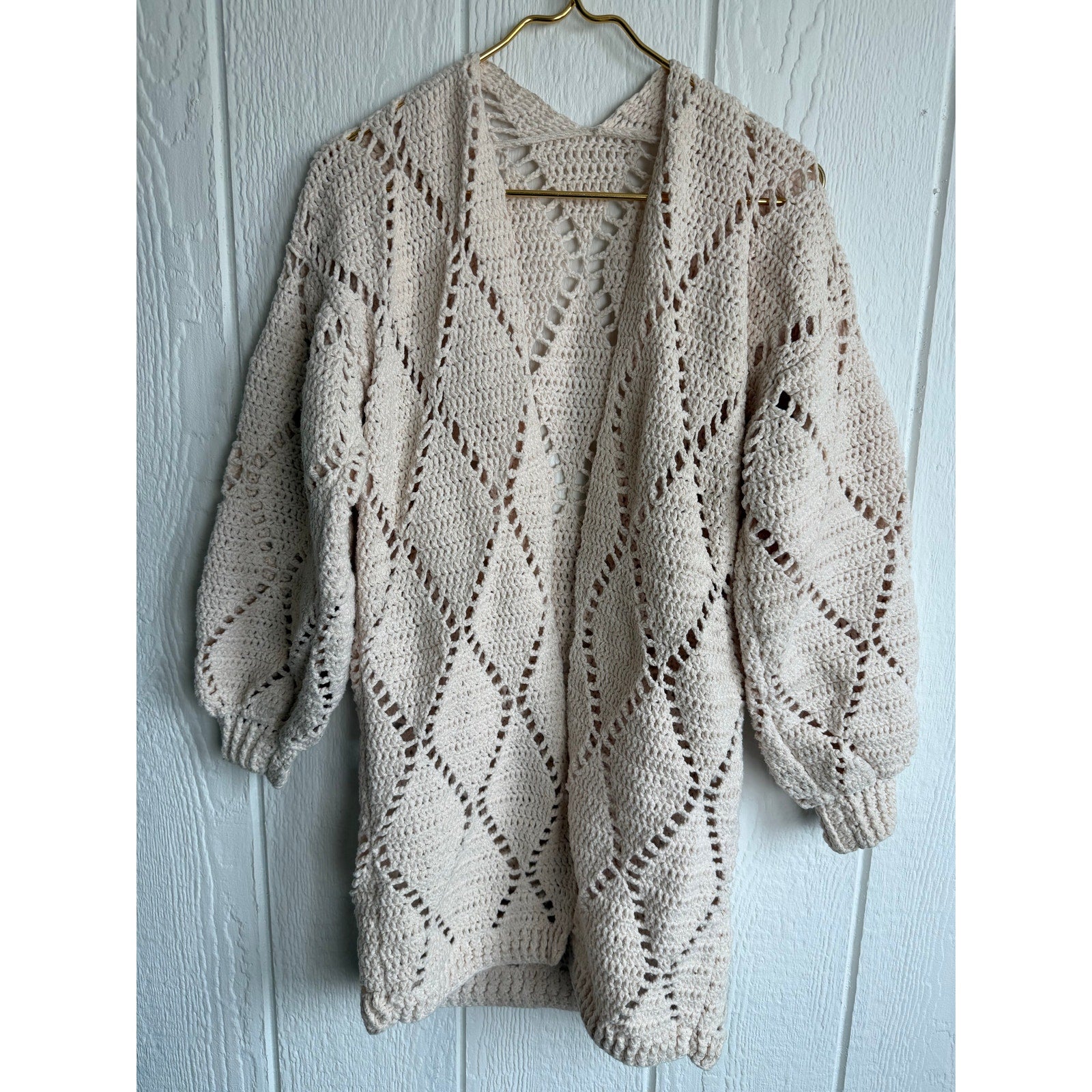 Vintage Hand Crochet Boho Cardigan Cream Open Knit Balloon Sleeve