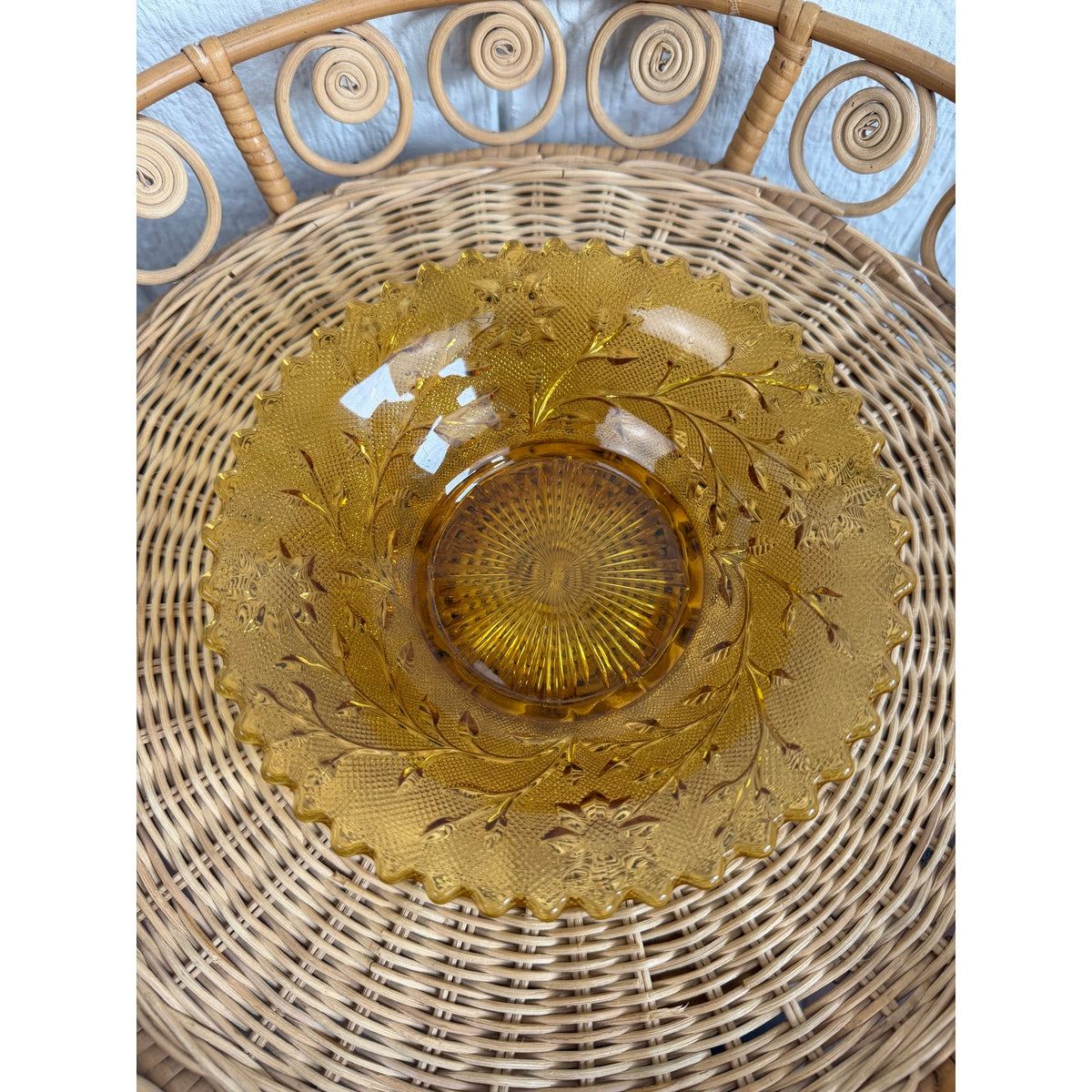 Vintage Amber Glass Footed Serving Bowl Scalloped Edge Floral Pressed Glass
