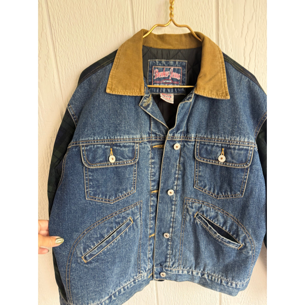 90s Breaker Jeans Denim Jacket Mens M Plaid Corduroy Barn Chore Quilted