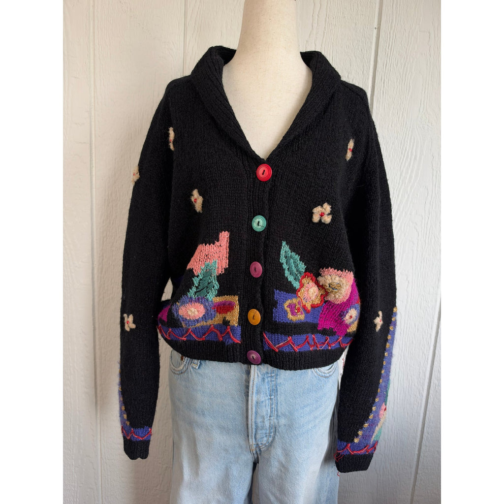 Vintage Carole Little Funky Floral Cardigan 90s Whimsigoth Wearable Art Sweater