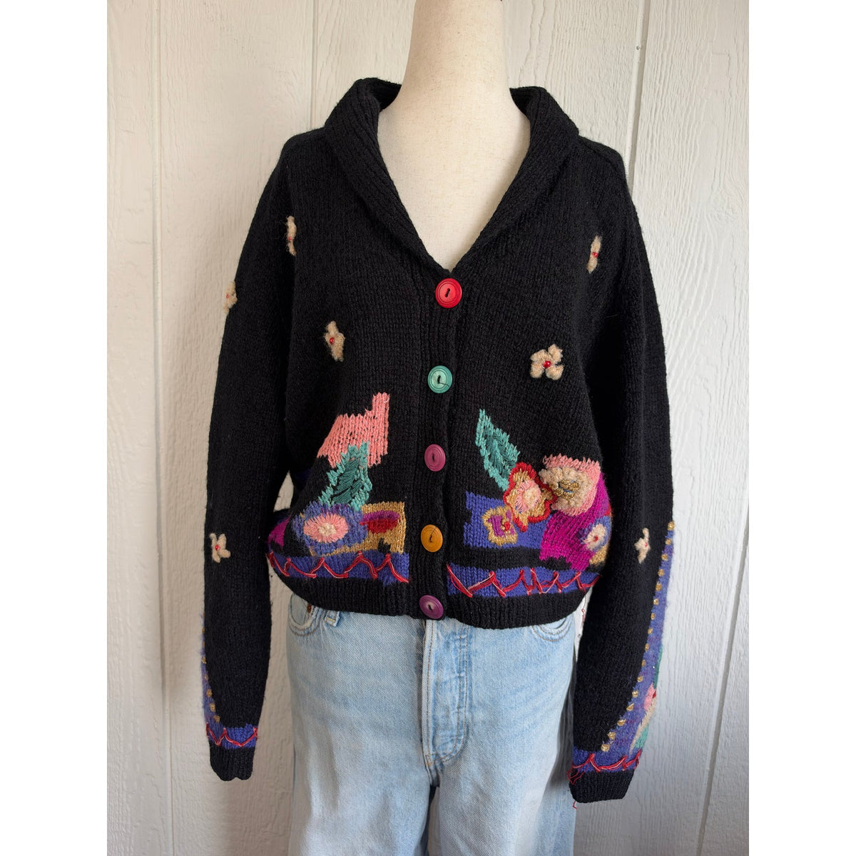 Vintage Carole Little Funky Floral Cardigan 90s Whimsigoth Wearable Art Sweater