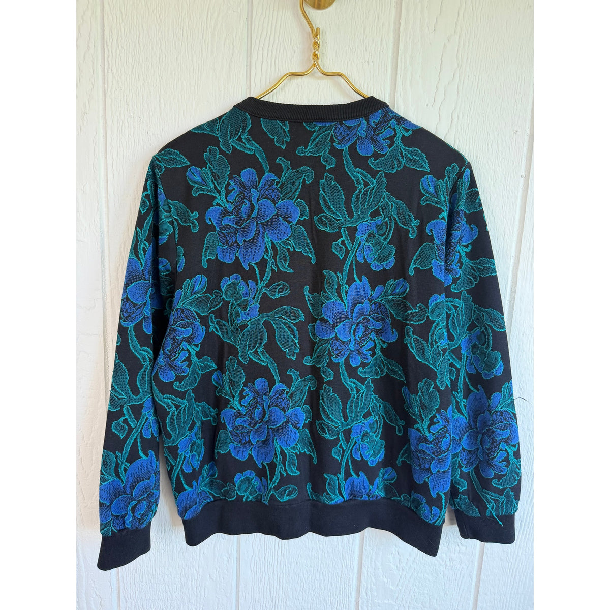 Vintage 80s 90s Cricket Lane Floral Jacquard Sweater Keyhole Black Teal Blue