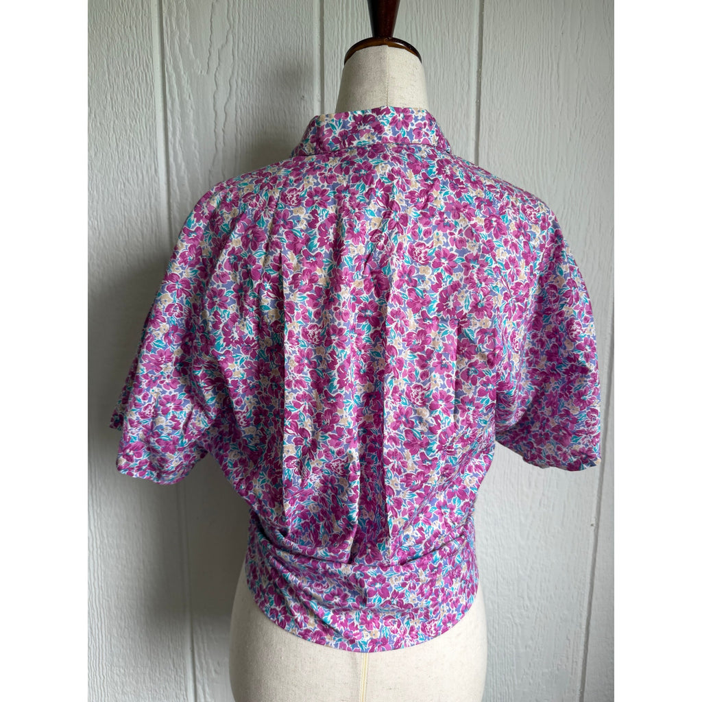 Vintage Floral Button Up Blouse Pink Purple Cottagecore Short Sleeve Shirt