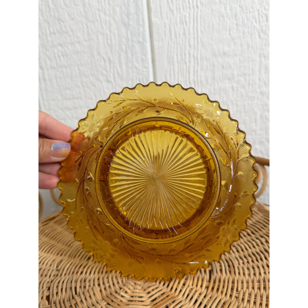 Vintage Amber Glass Footed Serving Bowl Scalloped Edge Floral Pressed Glass