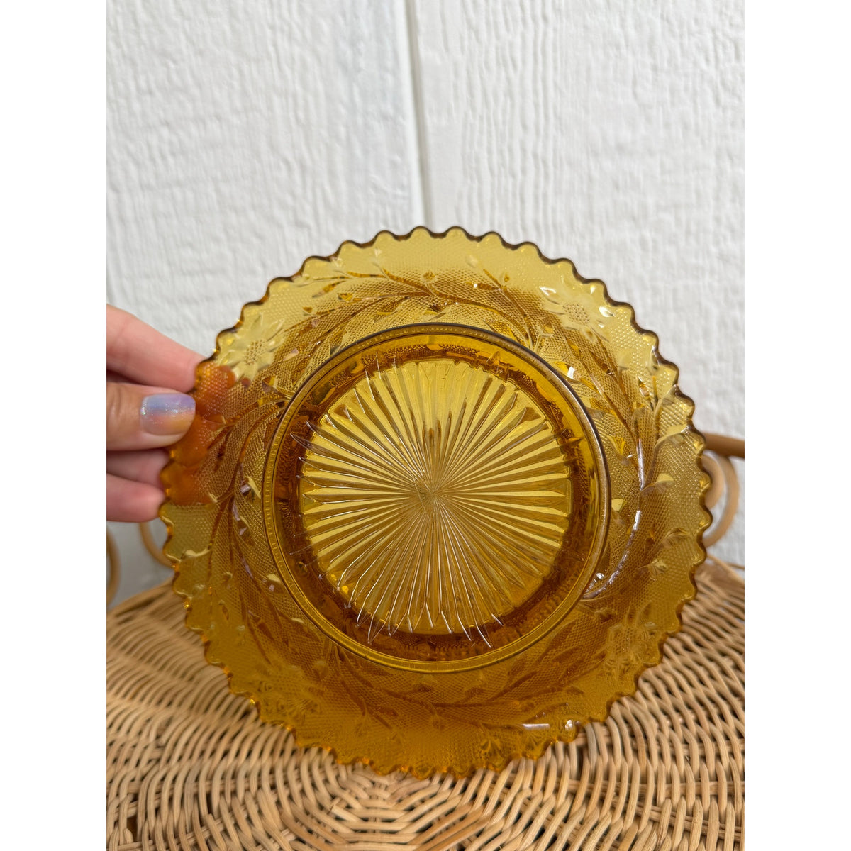 Vintage Amber Glass Footed Serving Bowl Scalloped Edge Floral Pressed Glass