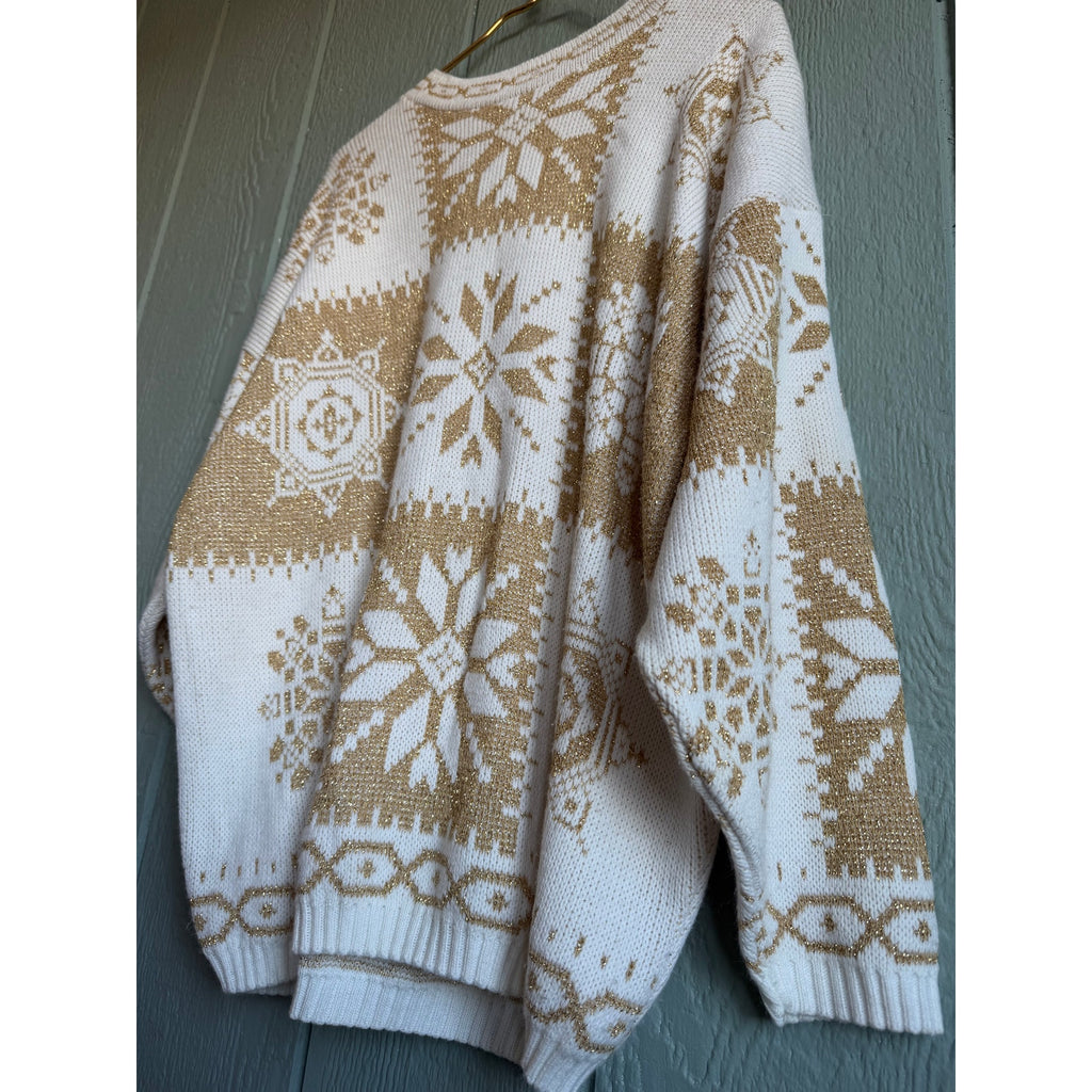 Vintage New Addition Ivory & Gold Snowflake Knit Sweater Holiday Cozy