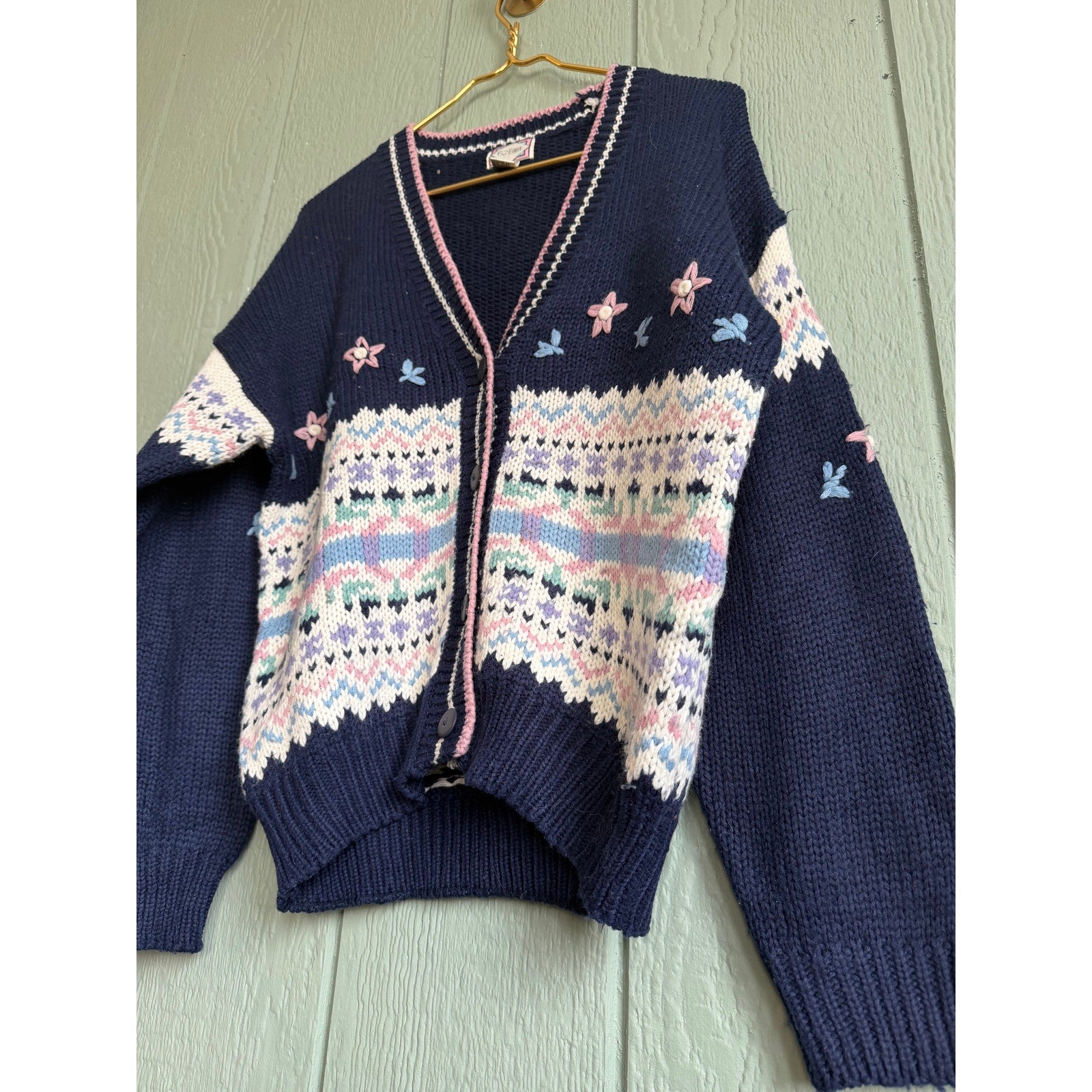 Vintage 90s Fair Isle Knit Cardigan Floral Embroidered Size S Cottagecore
