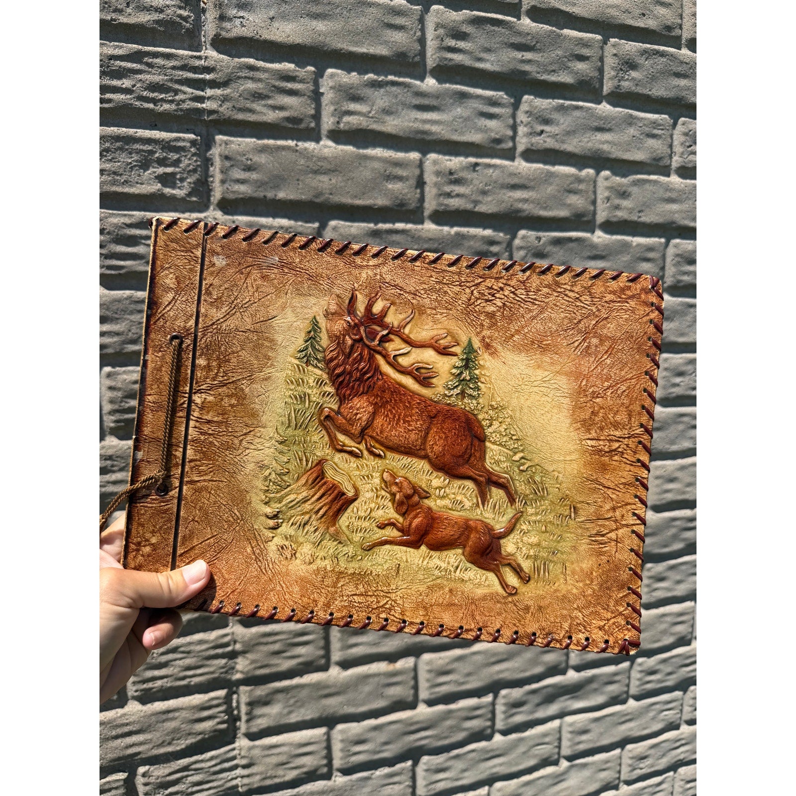 Vintage Leather Photo Album Embossed Elk Hunting Dog Scrapbook Cabin Lodge Decor