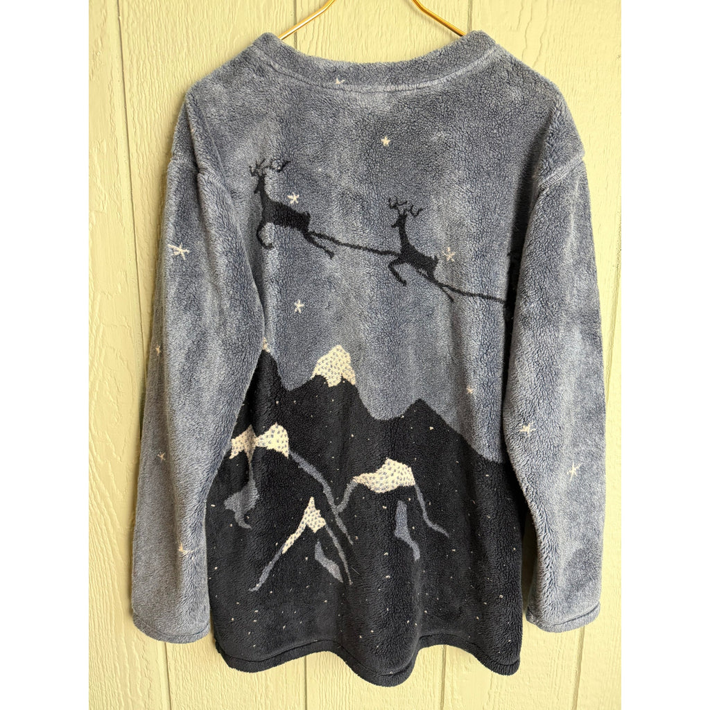 Vintage PBJ Sport Fleece Christmas Sweater Night Sky Scene Cozy V-Neck USA – M/L
