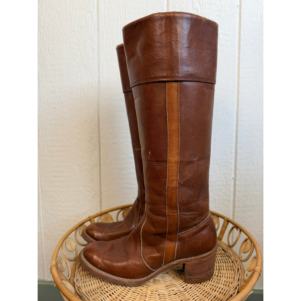 Vintage Frye Campus Style Tall Leather Boots Brown Cognac USA 8.5 Women's