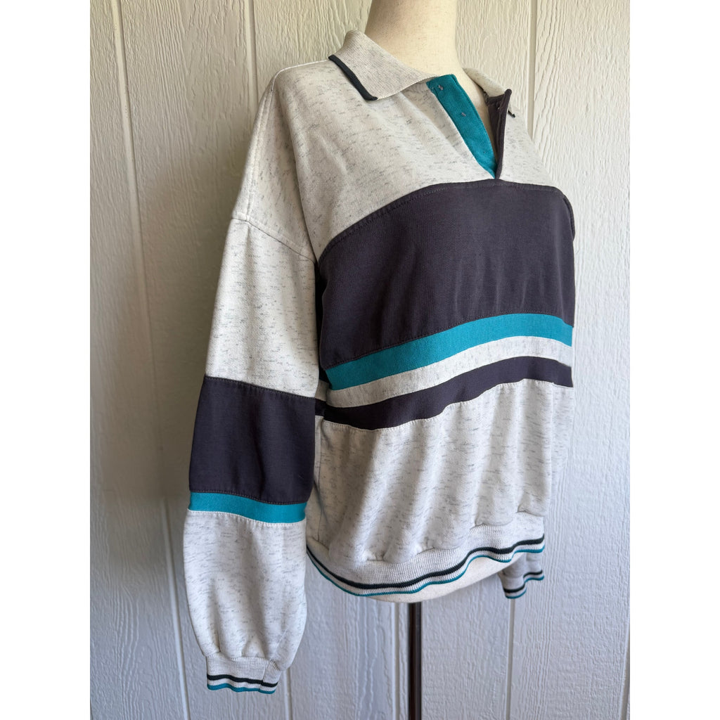 Vintage Colorblock Pullover Sweatshirt Collared Teal Gray Retro M