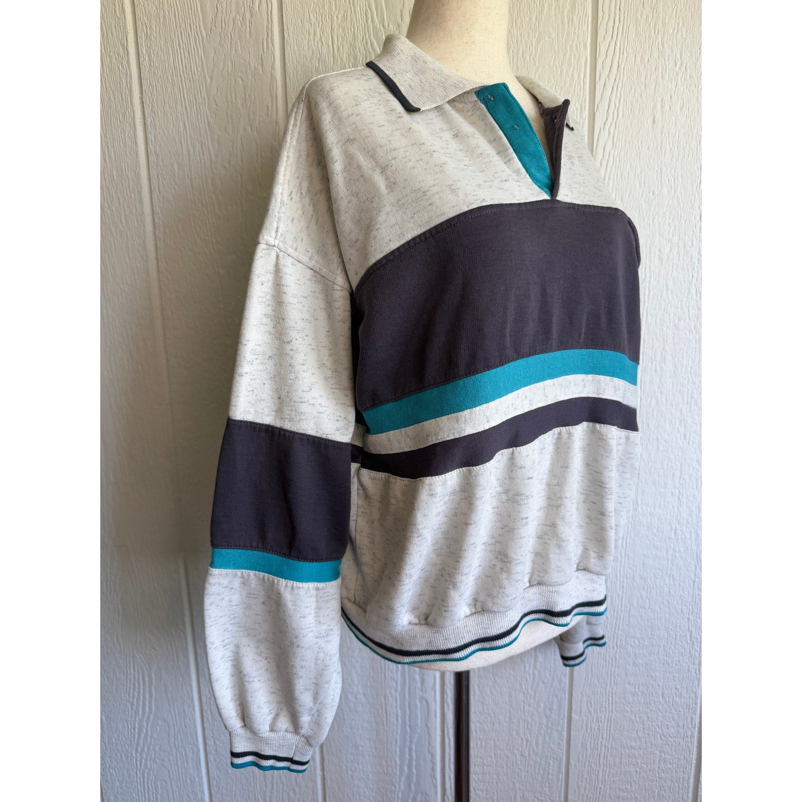 Vintage Colorblock Pullover Sweatshirt Collared Teal Gray Retro M