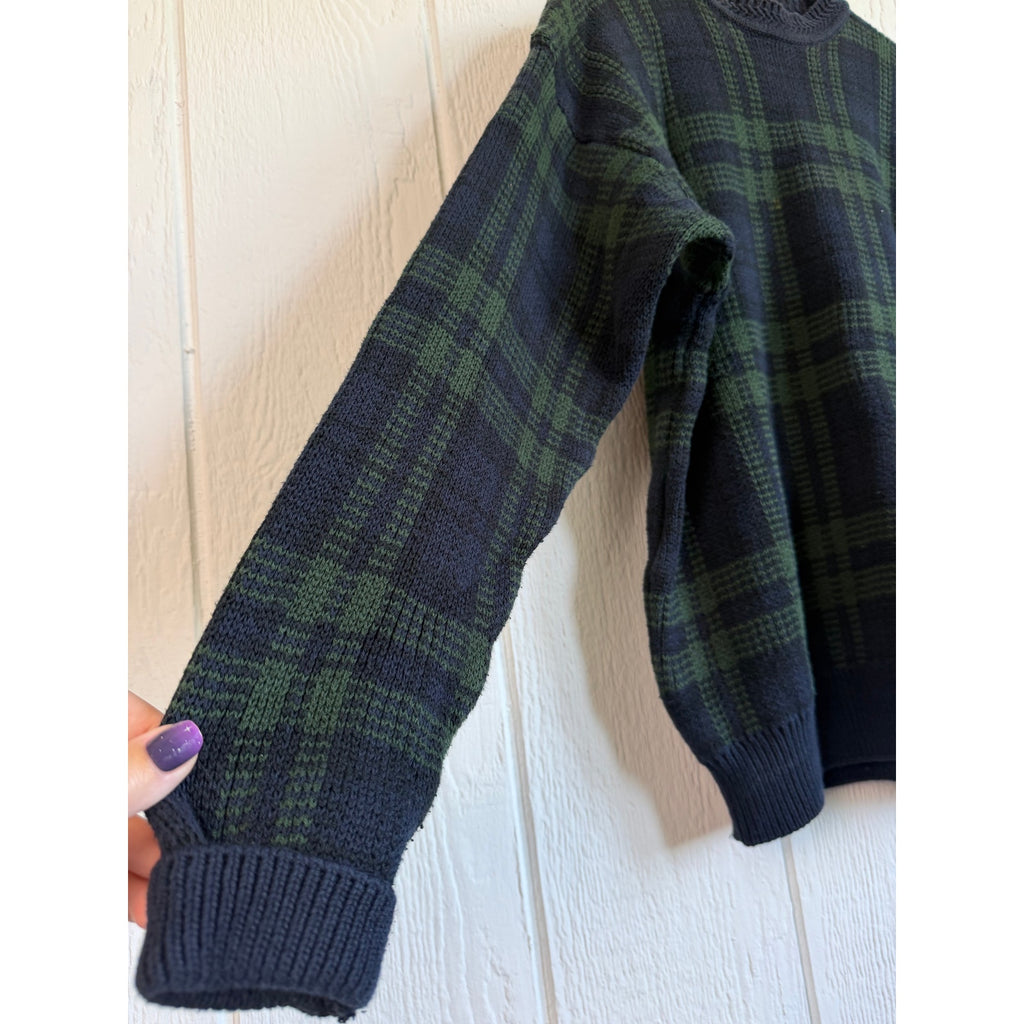 Vintage Woods & Navy Blue Green Plaid Cotton Sweater Size M 90s Grandpa Knit