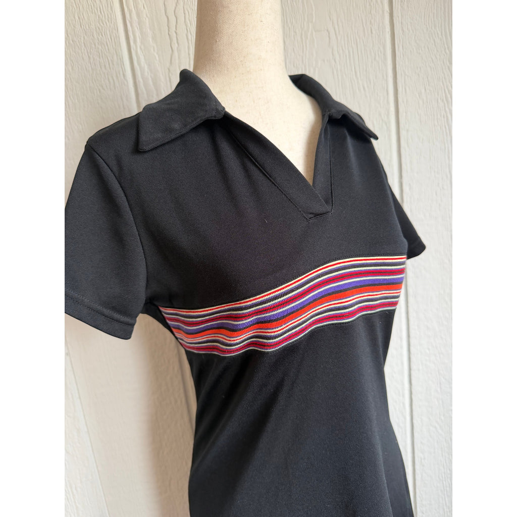 Vintage Express Tricot Stripe Polo Dress Black Retro Knit Mini Dress M Y2K