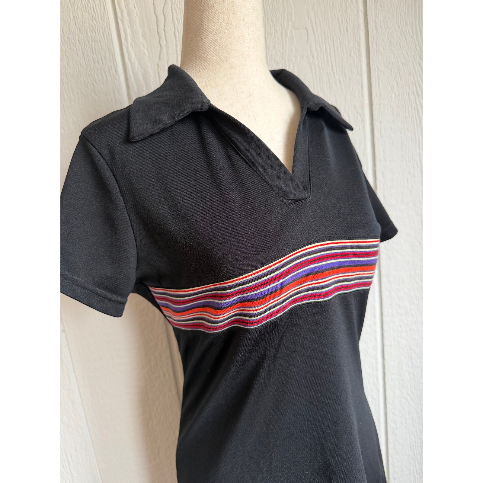 Vintage Express Tricot Stripe Polo Dress Black Retro Knit Mini Dress M Y2K