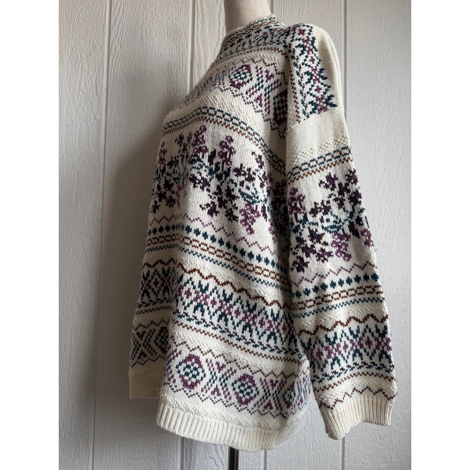 Vintage 90s Braun Style Nordic Fair Isle Sweater Oversized Cream Cottagecore SM