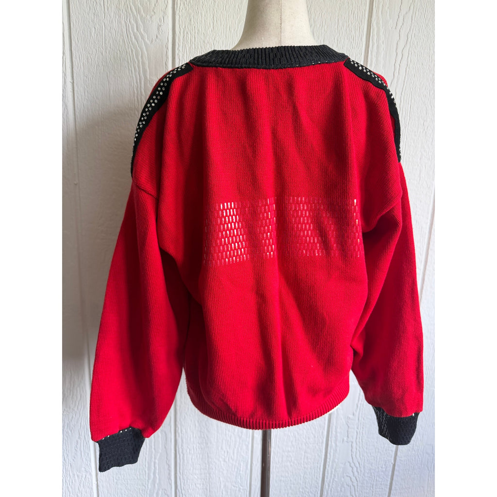Vintage Mardel Red Rhinestone Zip Cardigan Sweater Sequin Statement