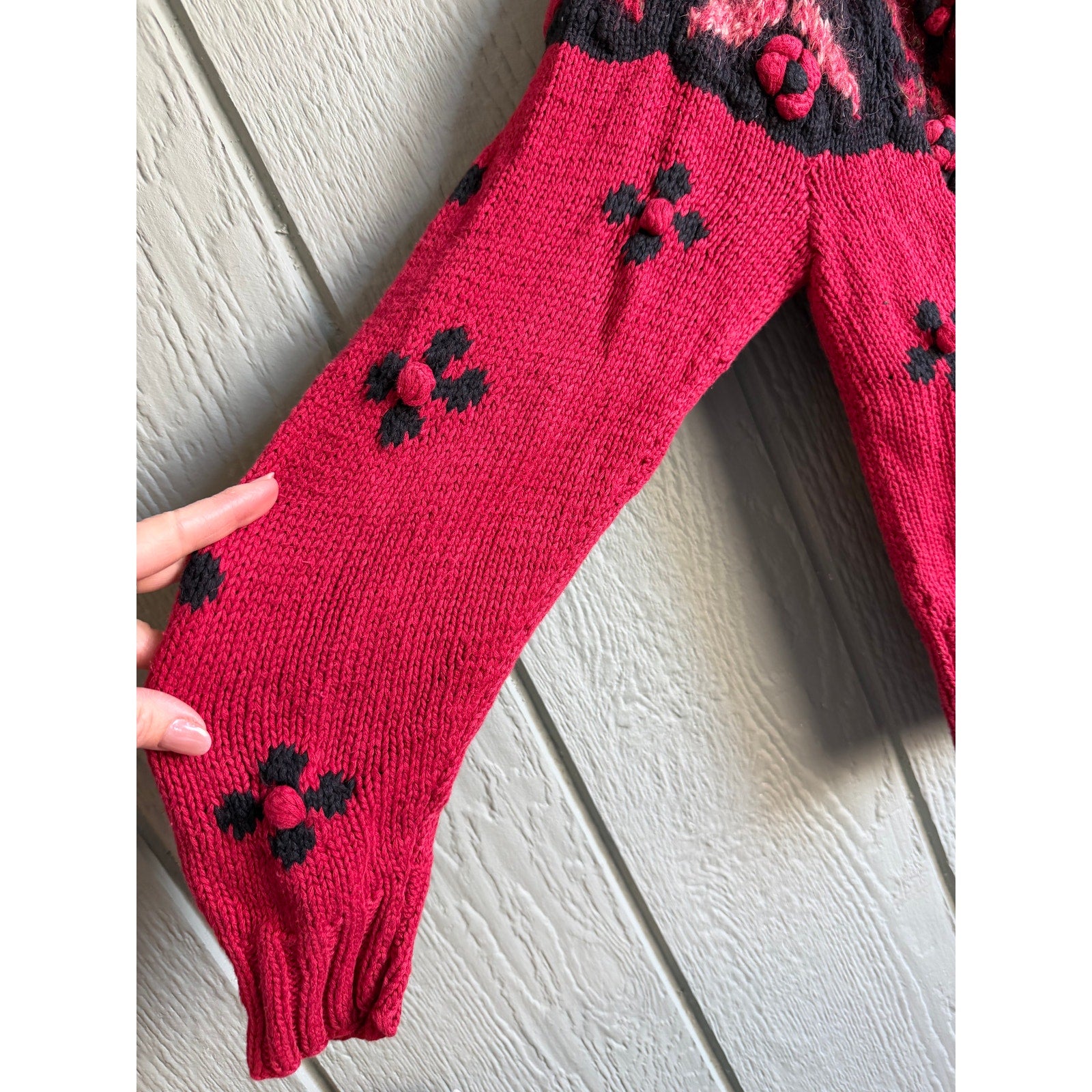Vintage Hand Knit Floral Cardigan Sweater Red & Black Chunky Button Front Medium