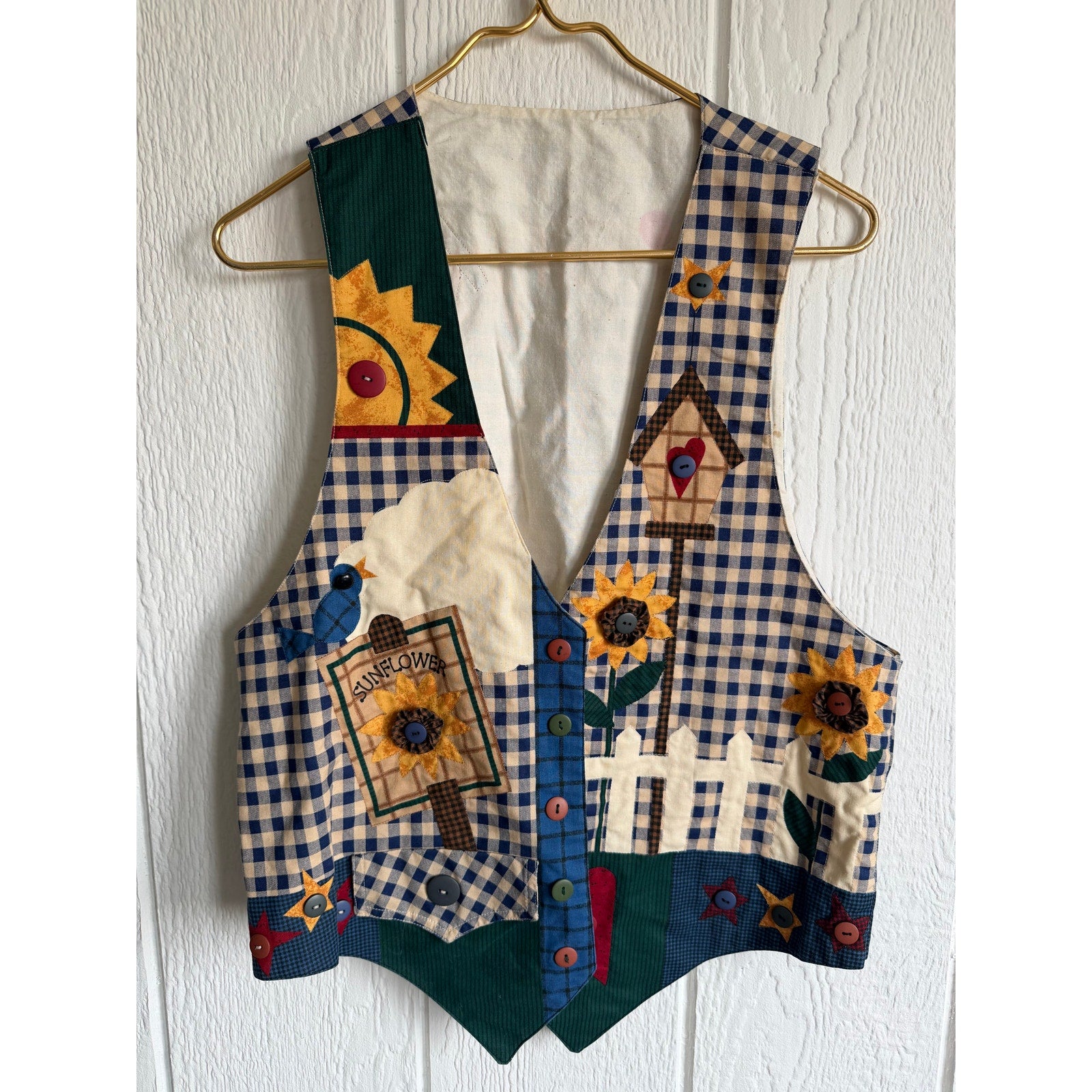 Vintage Sunflower Patchwork Vest Folk Art Garden Applique Cottagecore Vest