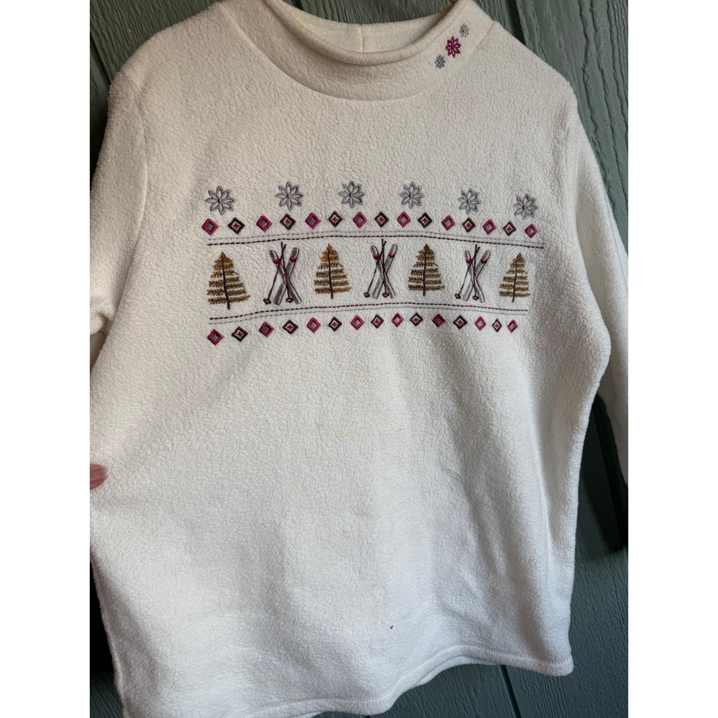 Vintage Embroidered Ski Lodge Fleece Sweater Women’s Cozy Winter Pullover Cream