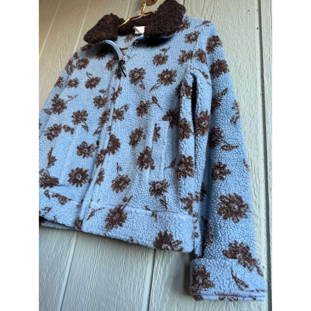 Vintage Floral Sherpa Fleece Jacket Women’s Blue Brown Zip Front Cozy Small
