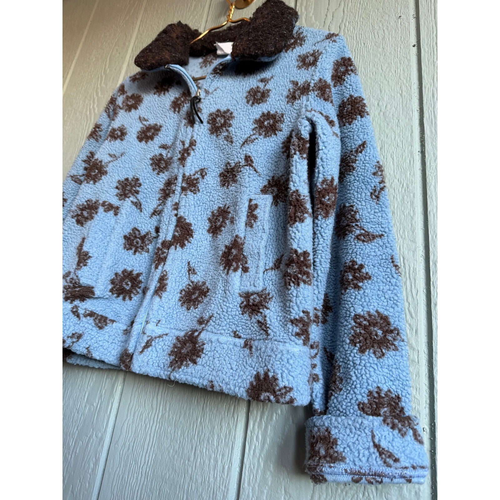 Vintage Floral Sherpa Fleece Jacket Women’s Blue Brown Zip Front Cozy Small