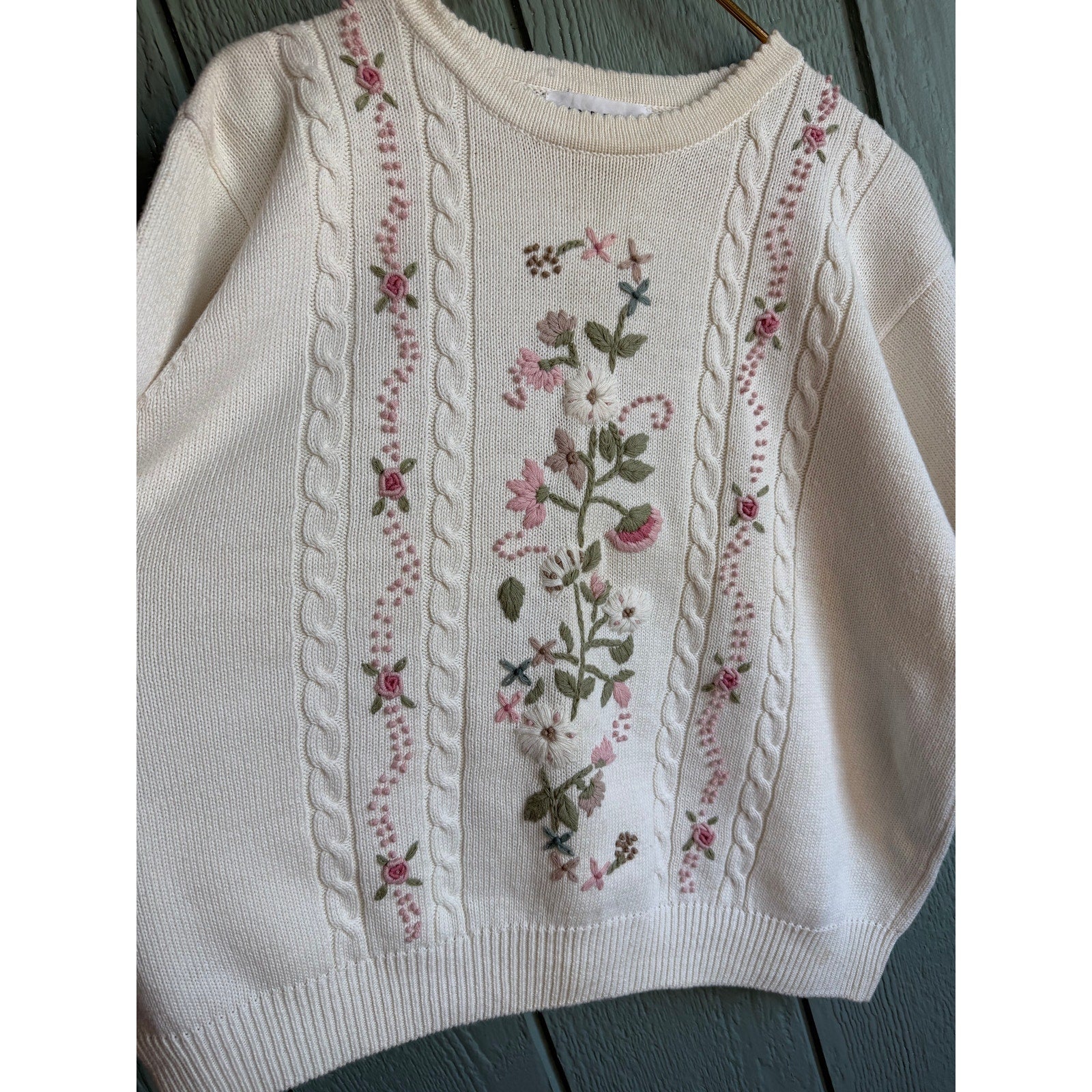 Vintage Floral Embroidered Cable Knit Sweater Ivory Cotton Ramie 1X Cottagecore