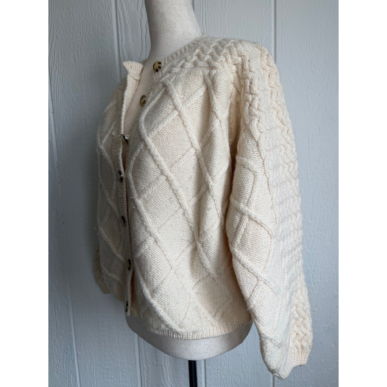 Vintage Irish Fisherman Cardigan Cable Knit Wool Sweater Ireland XL
