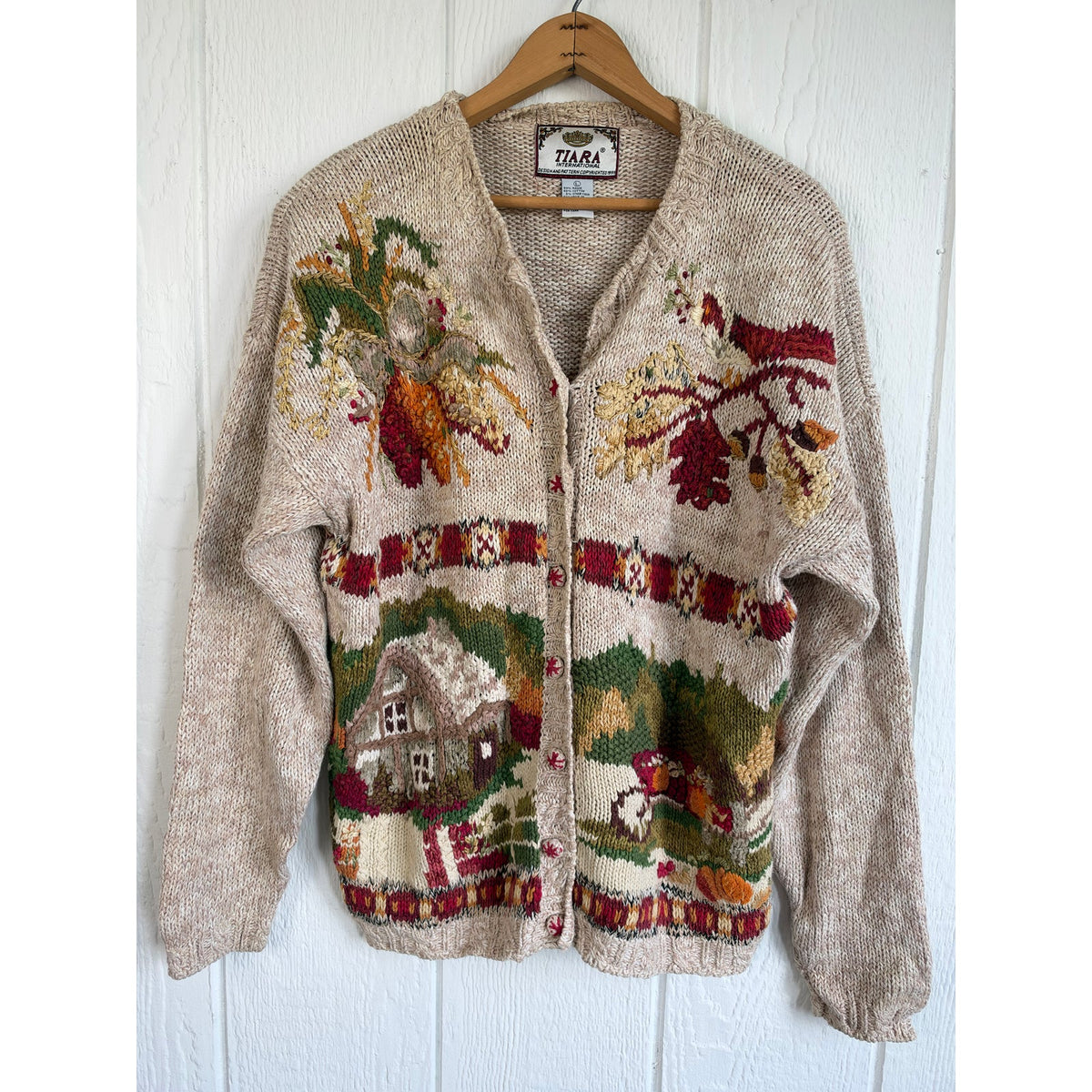 Vintage 90s Tiara International Chunky Knit Cottage Sweater Fall Scenic Large