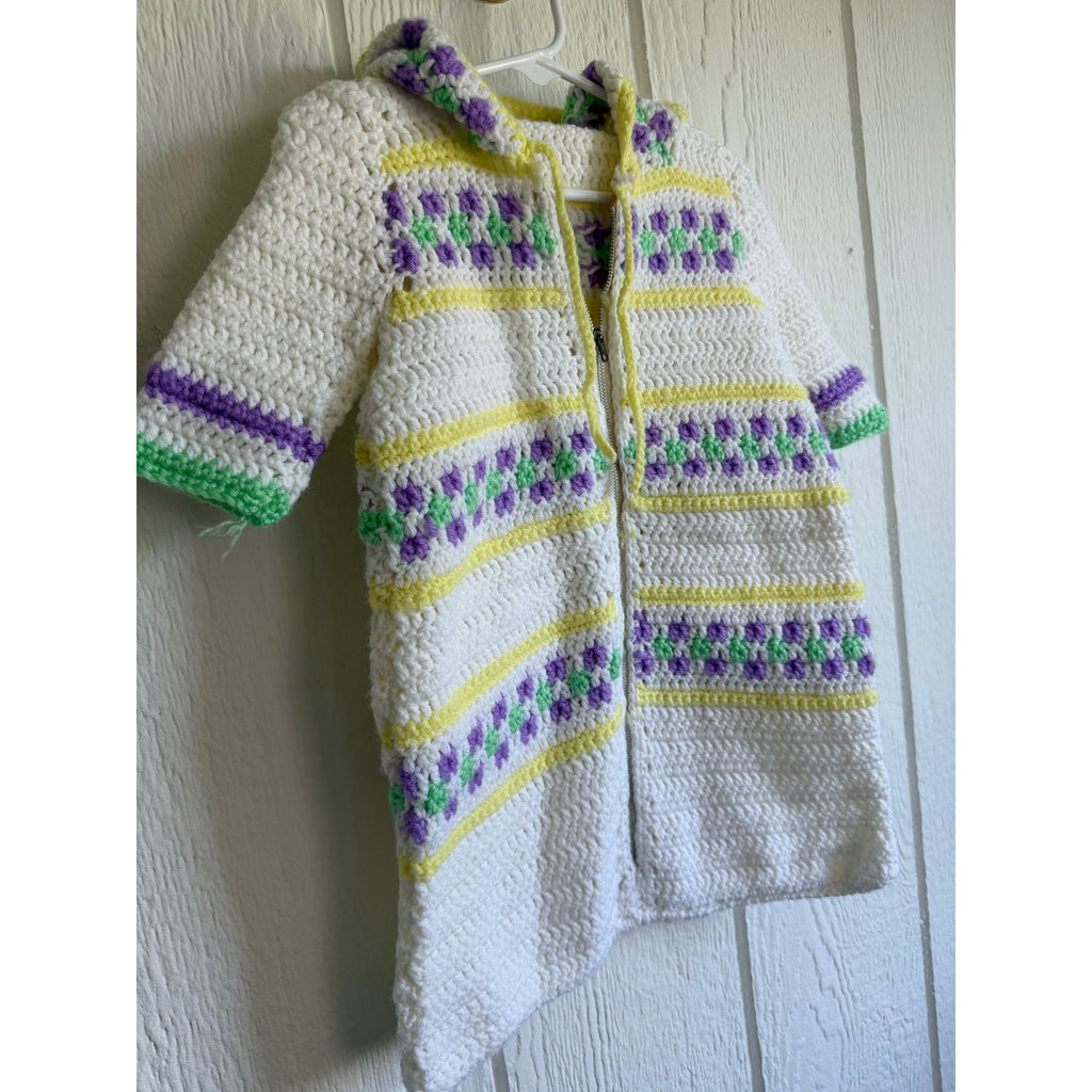 Vintage Handmade Crochet Hooded Sweater Coat Children's Zip Front