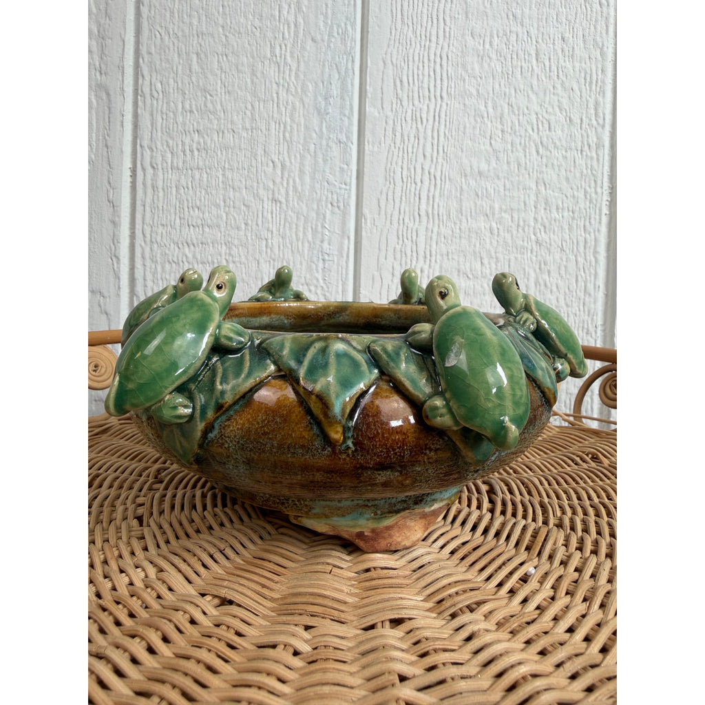 Vintage Studio Art Pottery Turtle Bowl Planter Applied Turtles Green Glaze