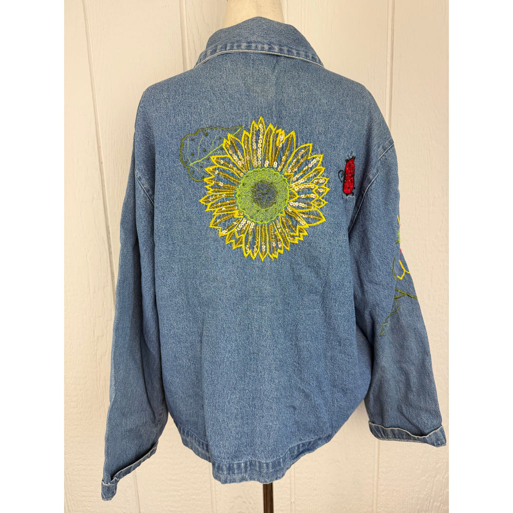 Vintage 90s Tantrums Embroidered Sunflower Denim Jacket Large Sequin Floral Boho