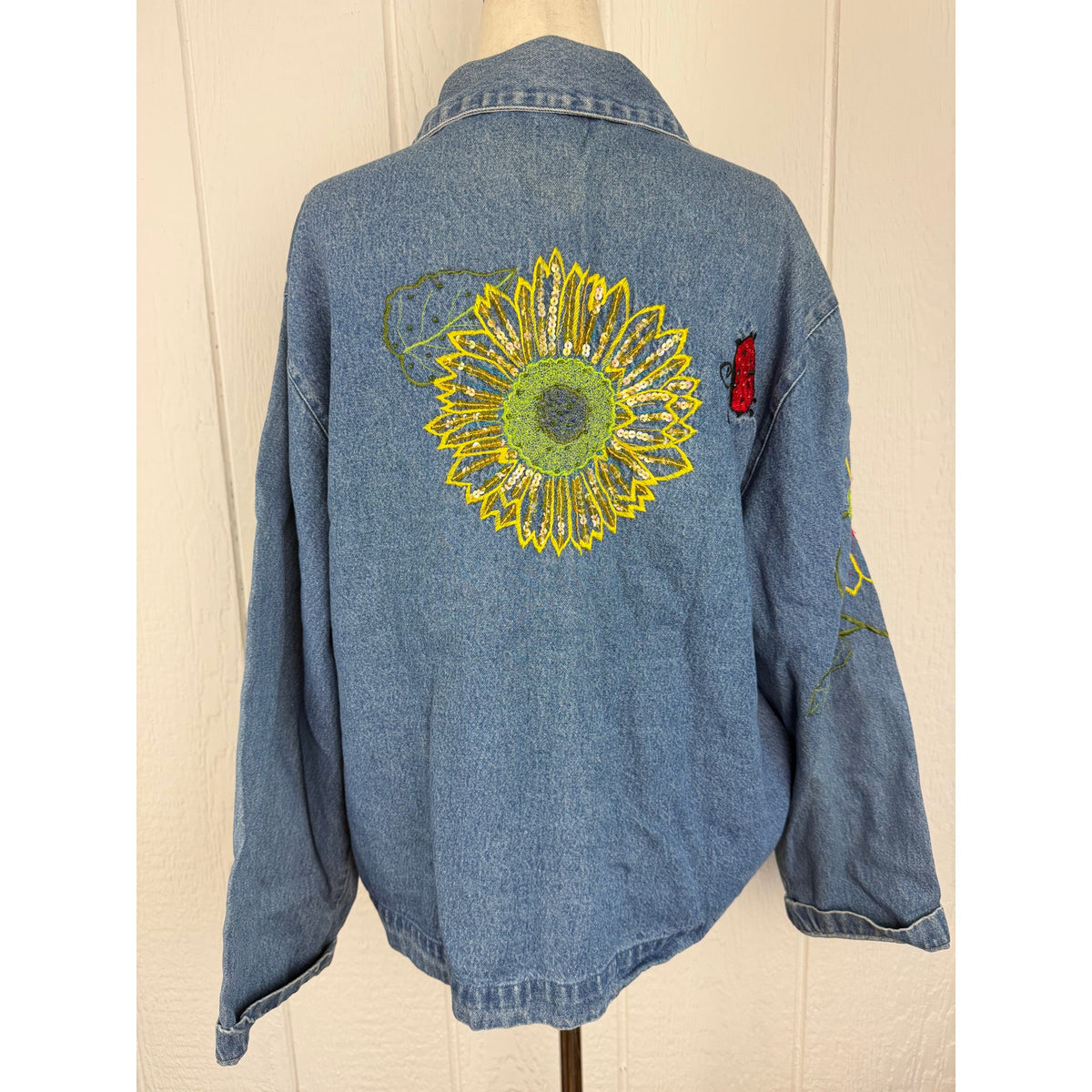 Vintage 90s Tantrums Embroidered Sunflower Denim Jacket Large Sequin Floral Boho