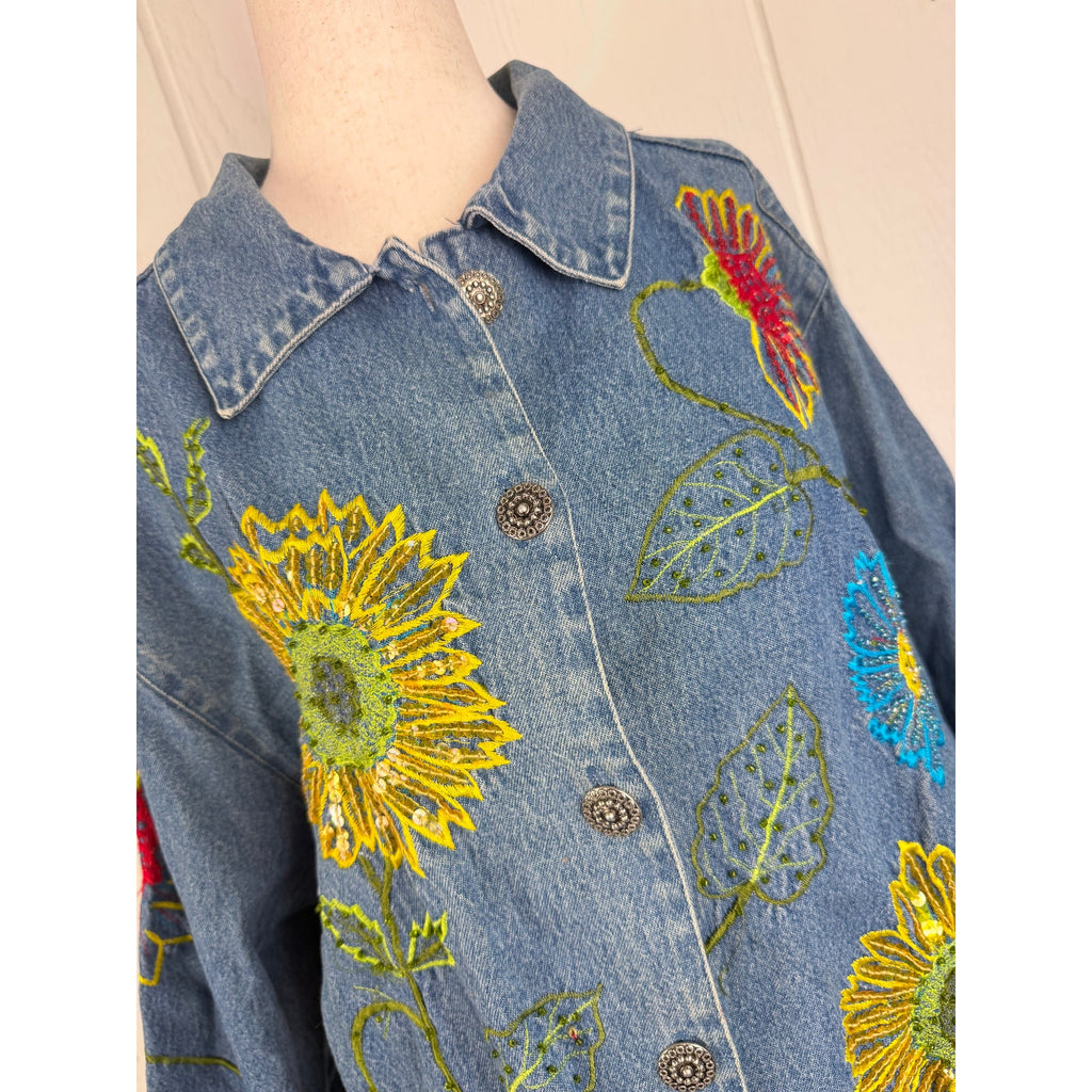 Vintage 90s Tantrums Embroidered Sunflower Denim Jacket Large Sequin Floral Boho