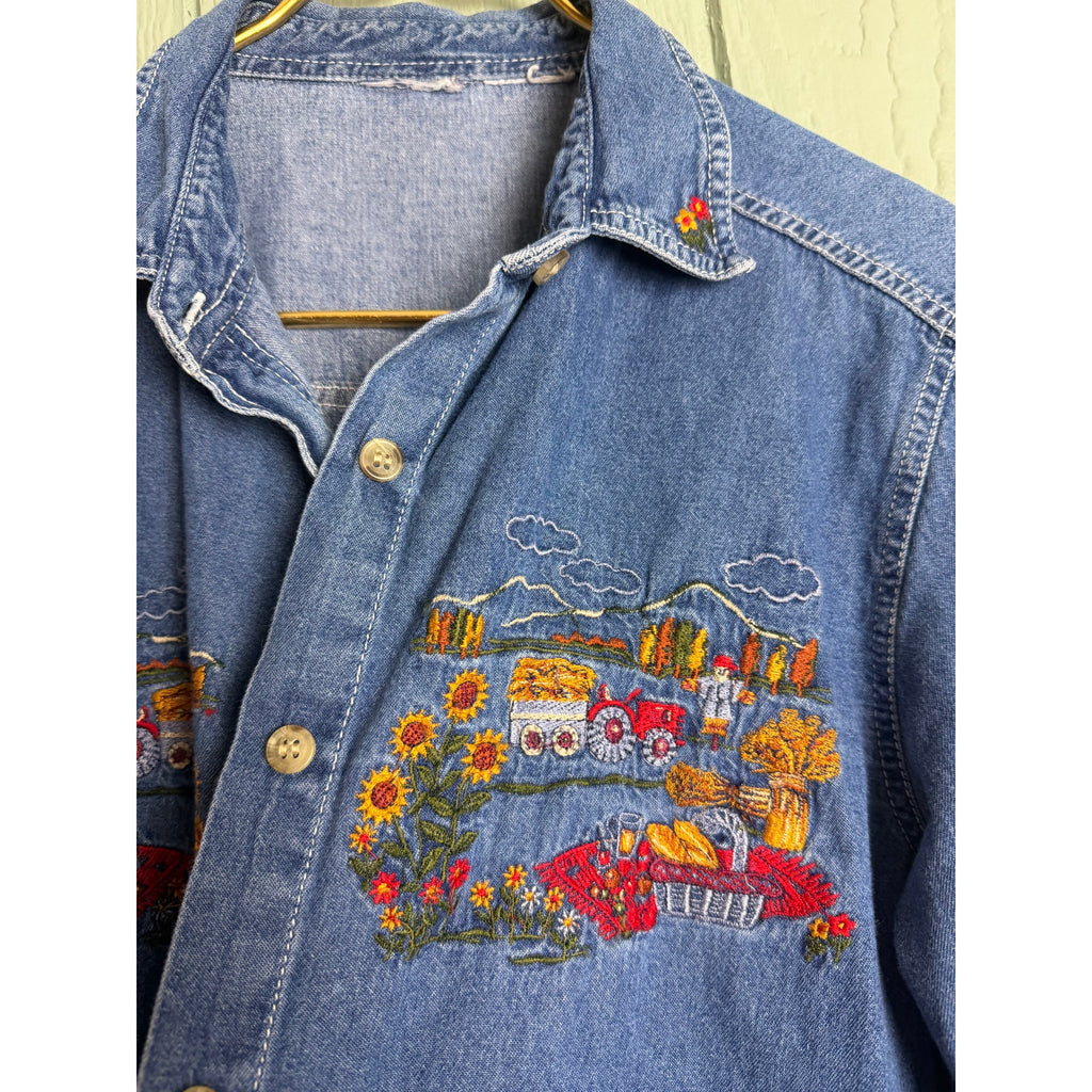 Vintage 90s Denim Shirt Farm & Floral Embroidery Button Front