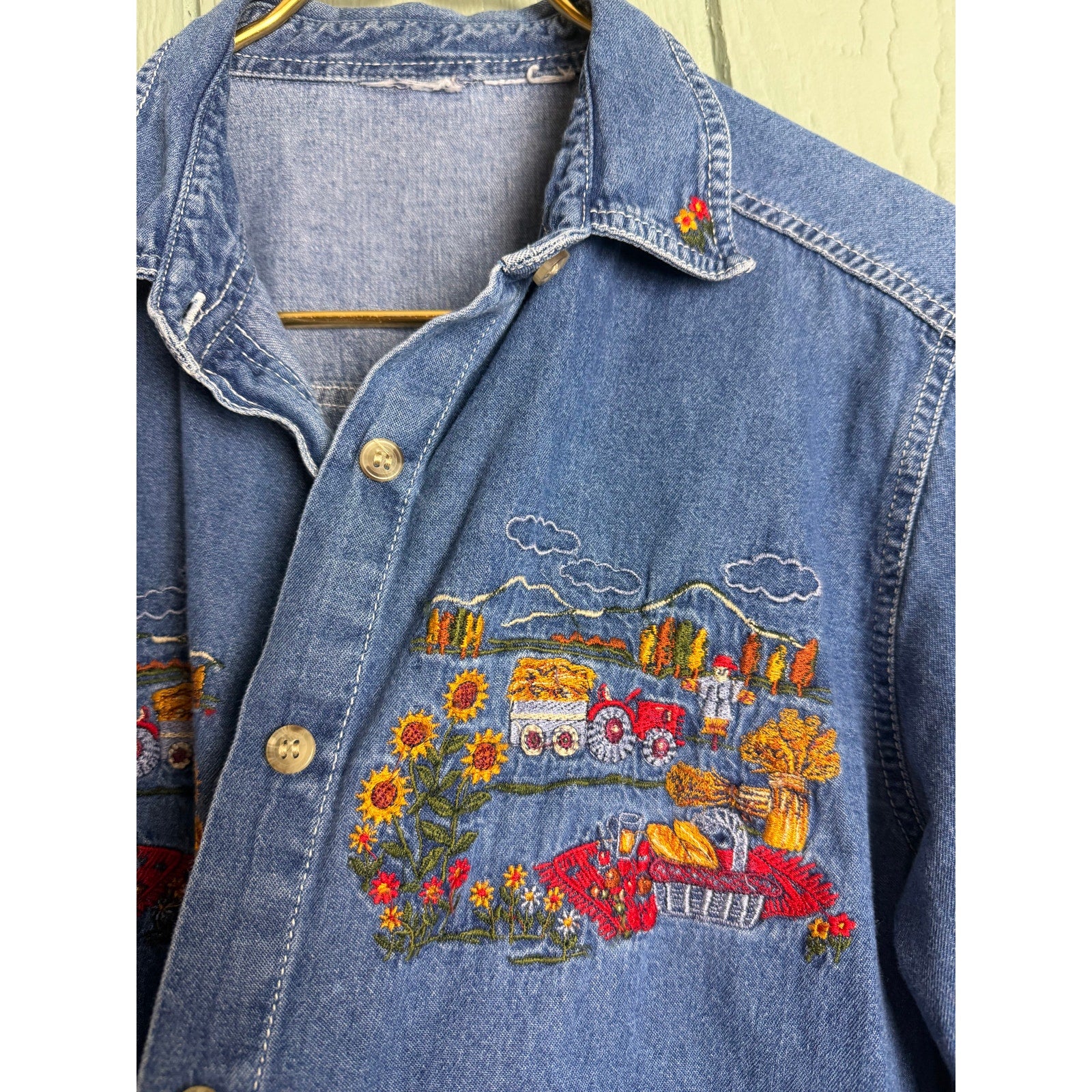 Vintage 90s Denim Shirt Farm & Floral Embroidery Button Front
