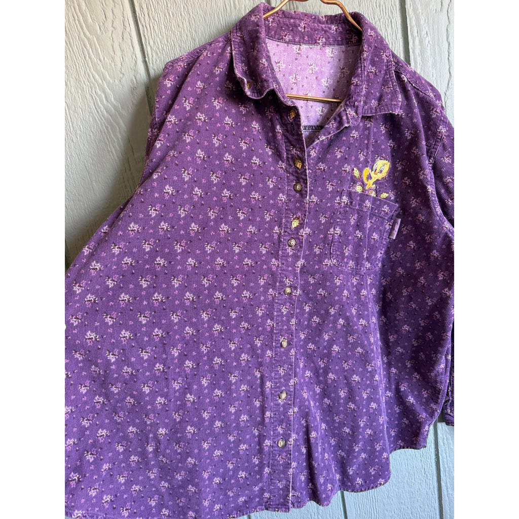 Vintage Tweety Bird Purple Corduroy Button Down Shirt Floral Looney Tunes 90s
