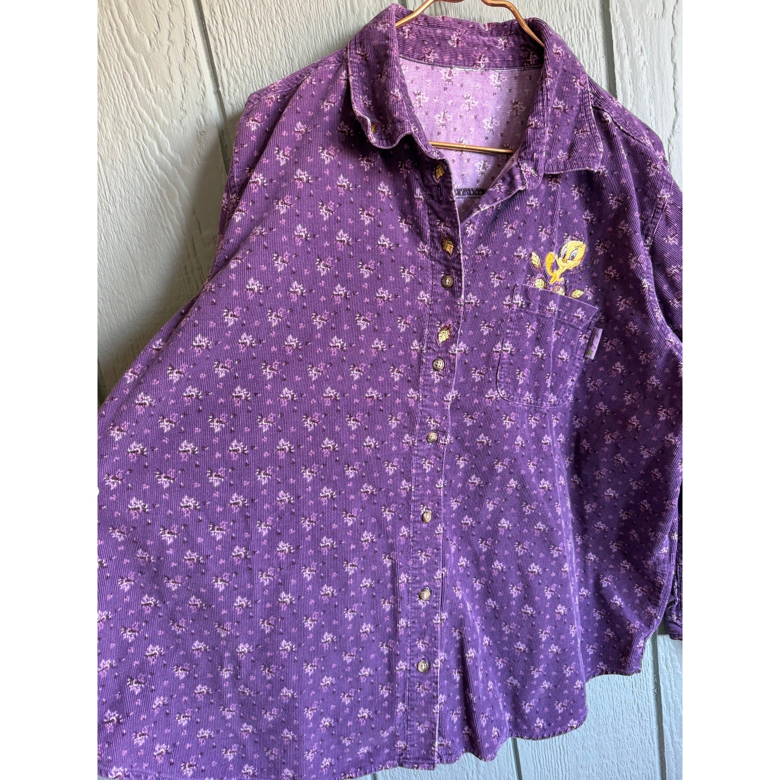 Vintage Tweety Bird Purple Corduroy Button Down Shirt Floral Looney Tunes 90s