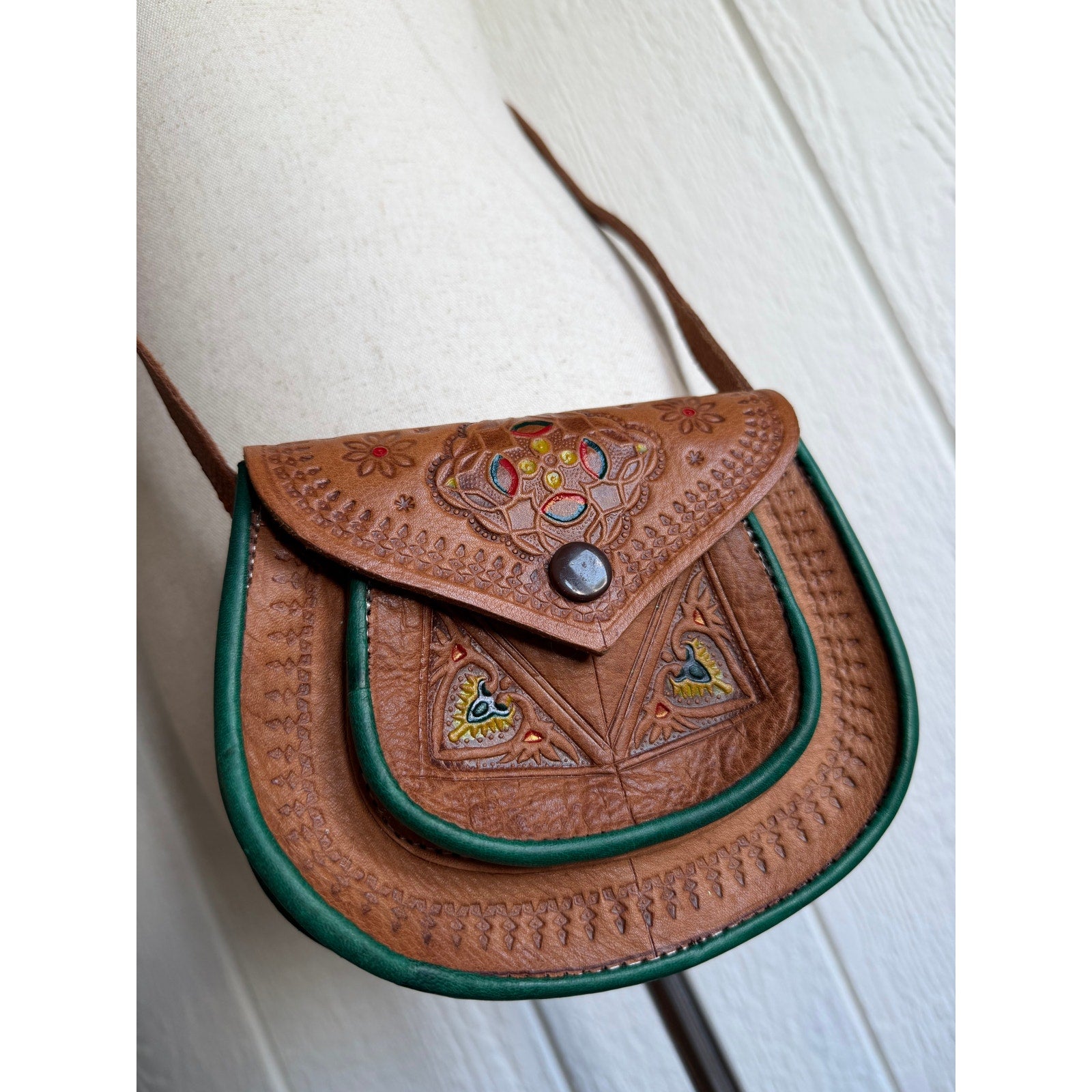 Vintage Tooled Leather Crossbody Purse Boho Folk Art Hand Painted Saddle Bag