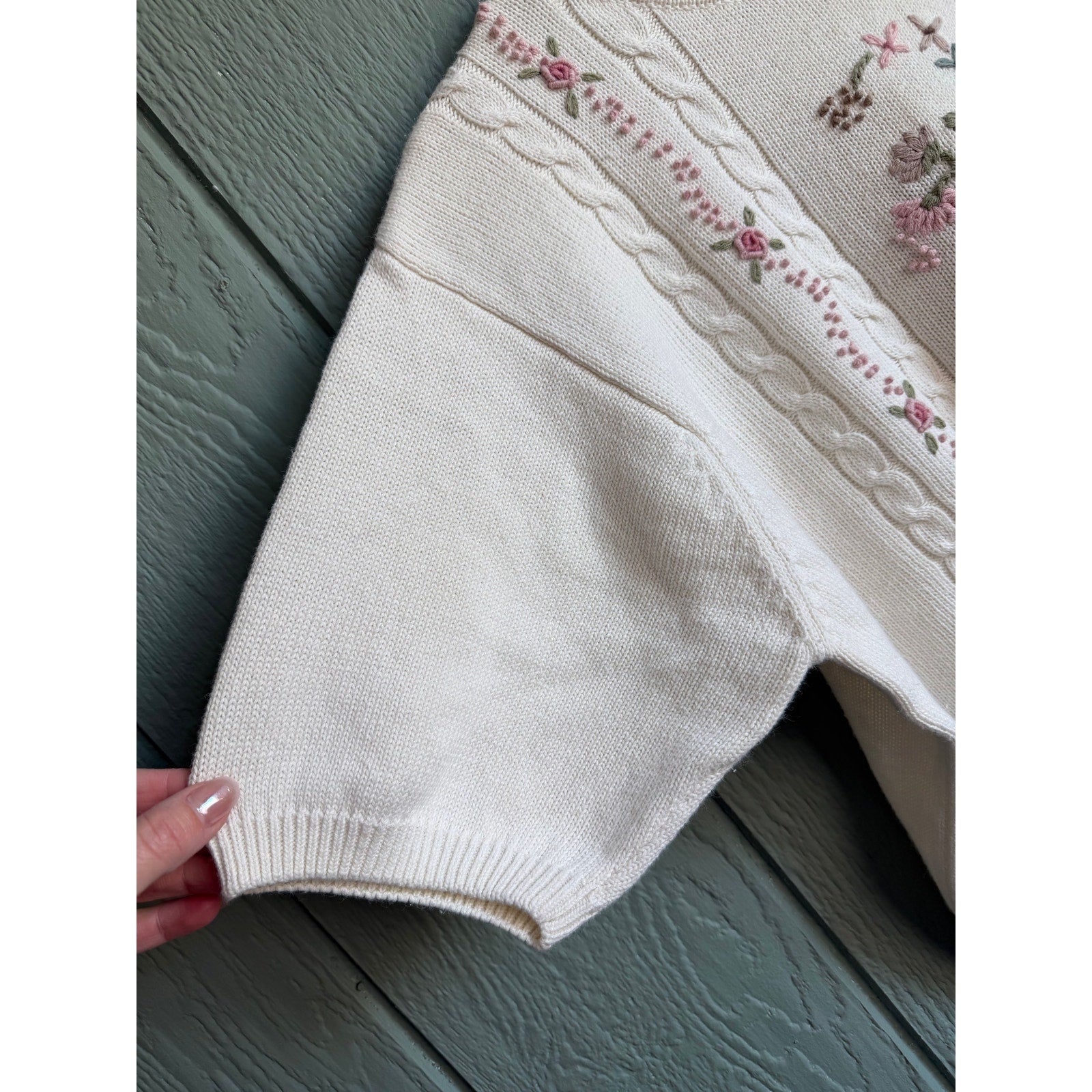 Vintage Floral Embroidered Cable Knit Sweater Ivory Cotton Ramie 1X Cottagecore